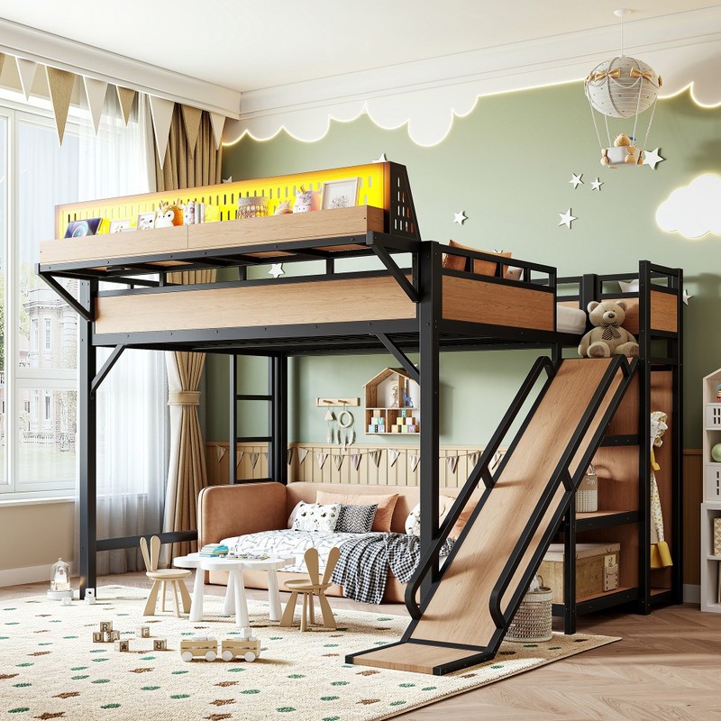 Queen Size Loft Bed w/Slide,Storage Shelves & Built-in Wardrobe,Metal Loft Bed gallery