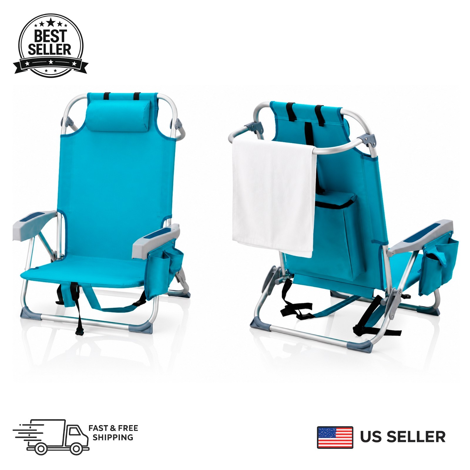Folding Beach Chair Adjustable Aluminum Reclining Lounge Chair w/ Towel Bar gallery