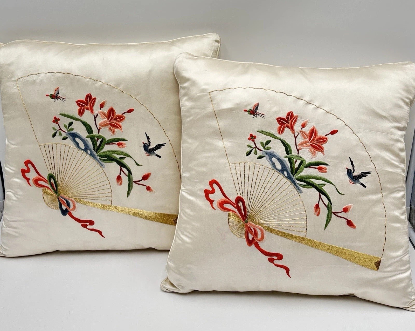 BEIJING Chinese Silk Blend Throw Pillows Lot 2 Embroidered Floral Bird Fan 15x15 gallery