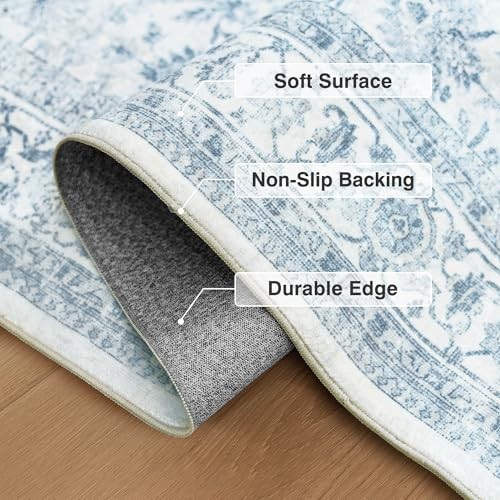 2x6 Runner Rug Vintage Neutral Washable Distressed 2' x 6' (Rectangular) Blue gallery