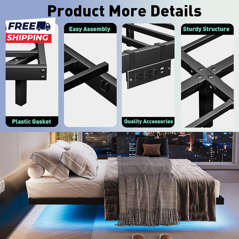Floating Bed Frame with LED Lights and Charging Station 14 Inch King Size gallery