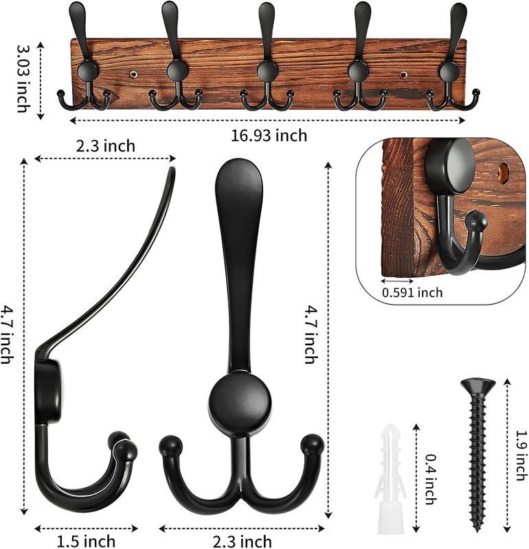 Coat Rack Wall Mounted, Pre-Assembled 16" Coat Hooks with 5 Hooks, Heavy Duty Ru gallery