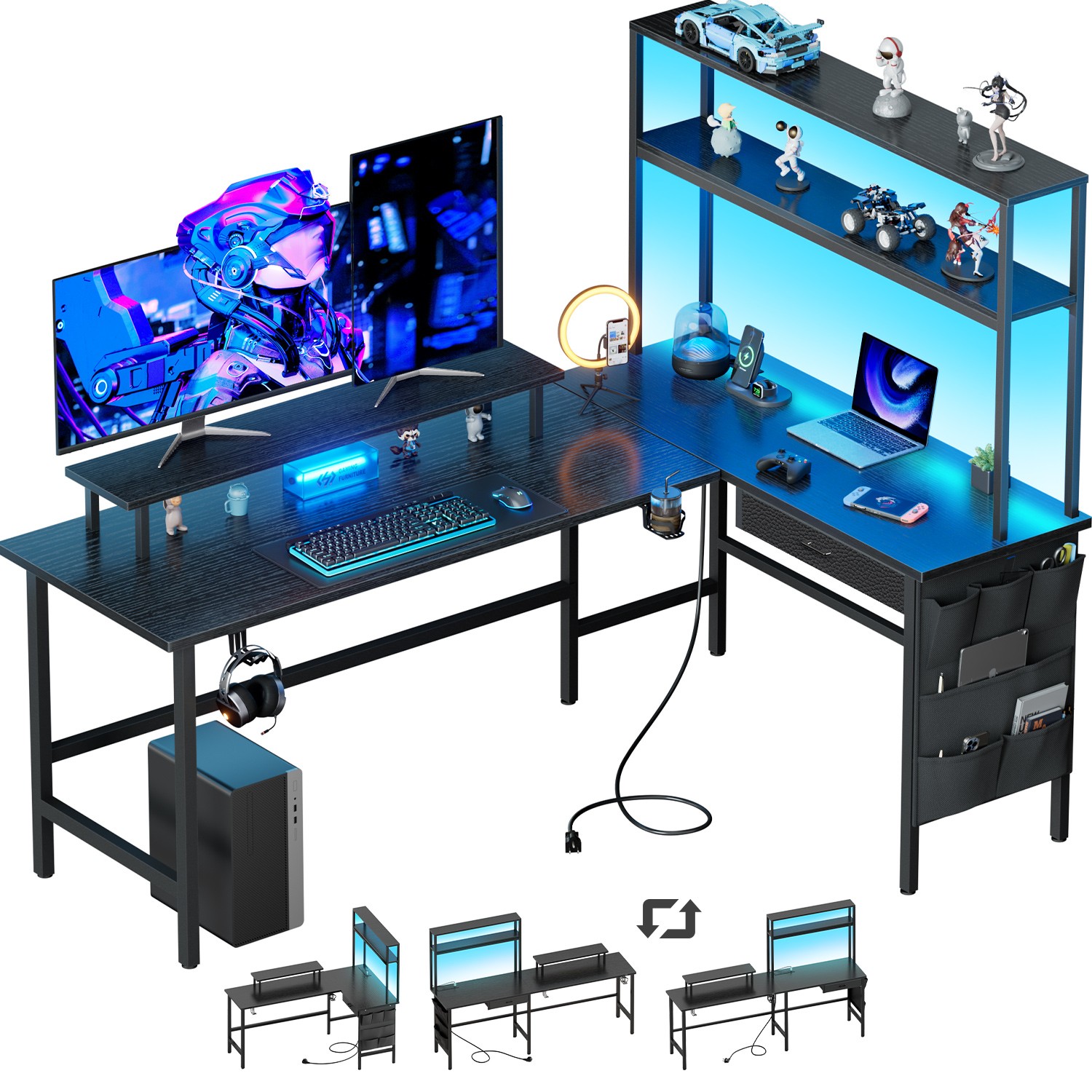L Shaped Gaming Desk with LED & Power Outlets, Computer Desk with Monitor Stand gallery