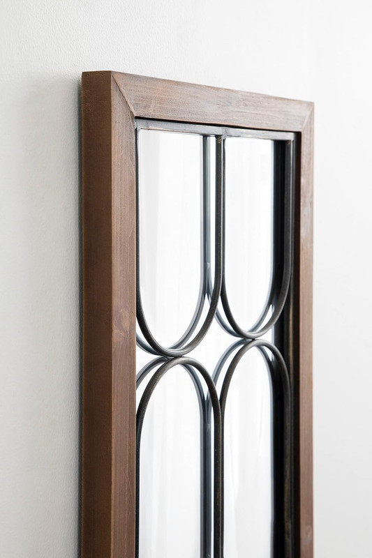 Walnut Brown Rectangle Wall Mirror with Geometric Iron Overlay, 13x30 Inches gallery