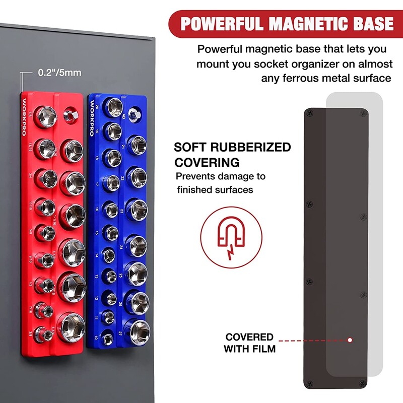 WORKPRO 2PC 1/2" Magnetic Socket Organizer Set Socket Holder Cart Set SAE Metric gallery