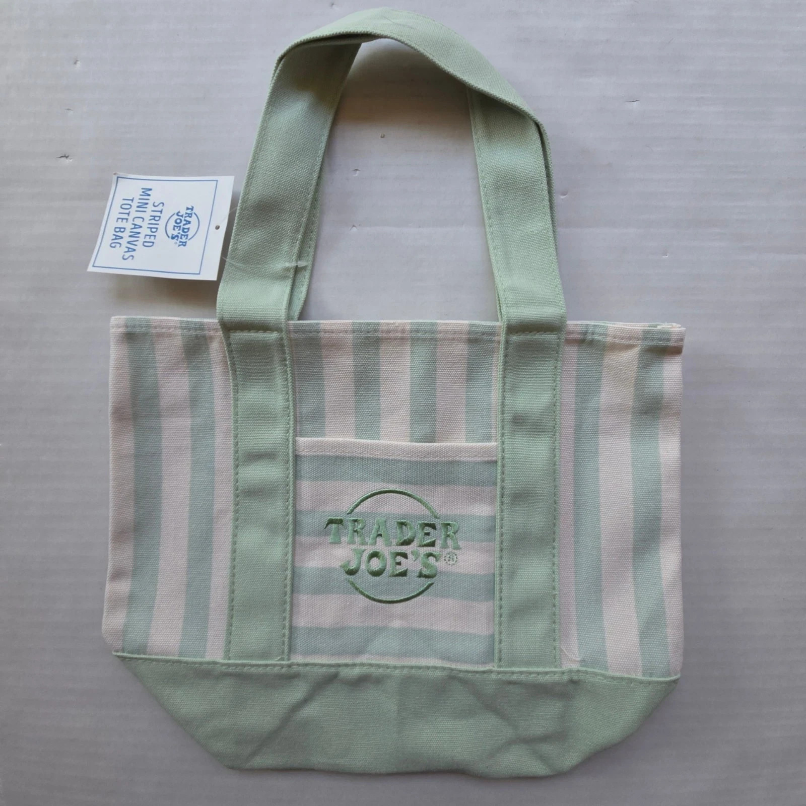 Trader Joe’s MINI Canvas Reusable Bag, w/ Off White or Tan, LIGHT GREEN STRIPES gallery