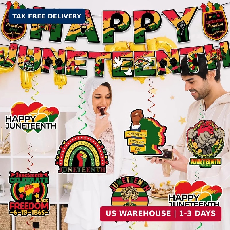 Juneteenth Decorations Banner Set Include Happy Juneteenth Banner and 12Pcs Doub gallery