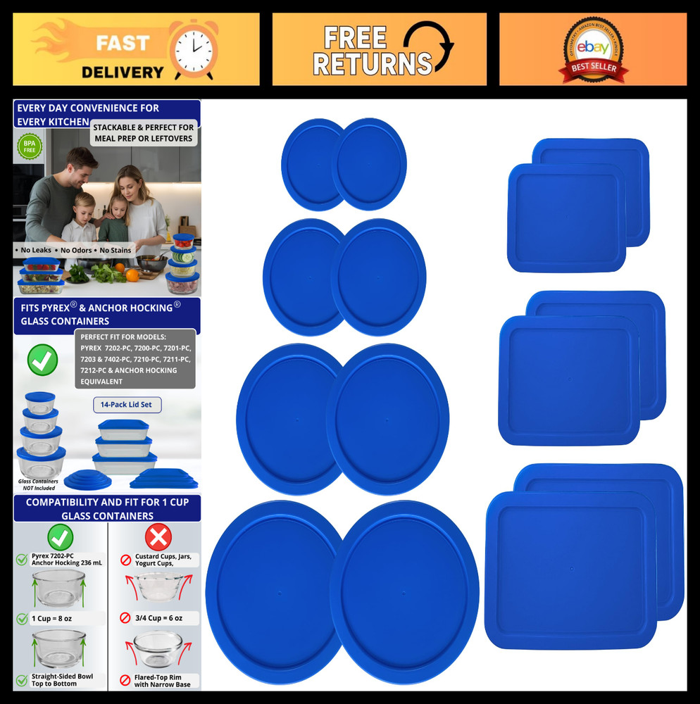 14 Pack Replacement Lids for Glass Storage Bowls - 1, 2, 4, 7 Cup Round & 3, 6,