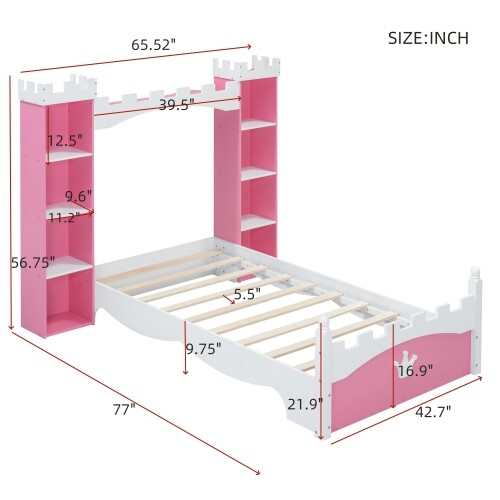 Castle-Shaped Platform Bed with Storage Shelves Both Side Wooden Bed Frames Twin gallery