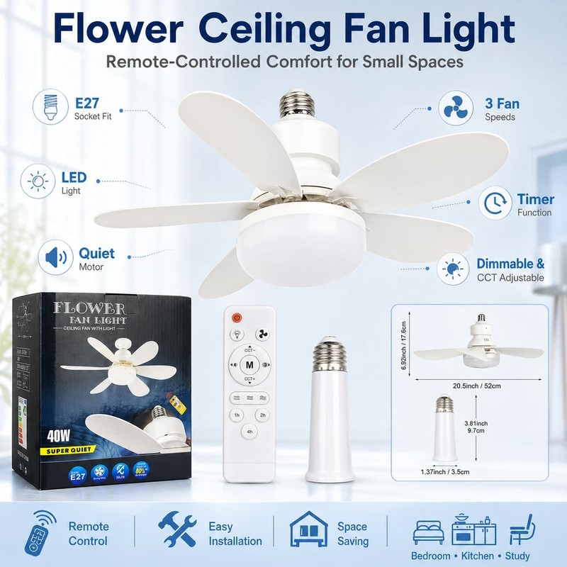 Socket Fan Light Ceiling Fans With Lights And Remote Dimmable LED Ceiling Fan US gallery