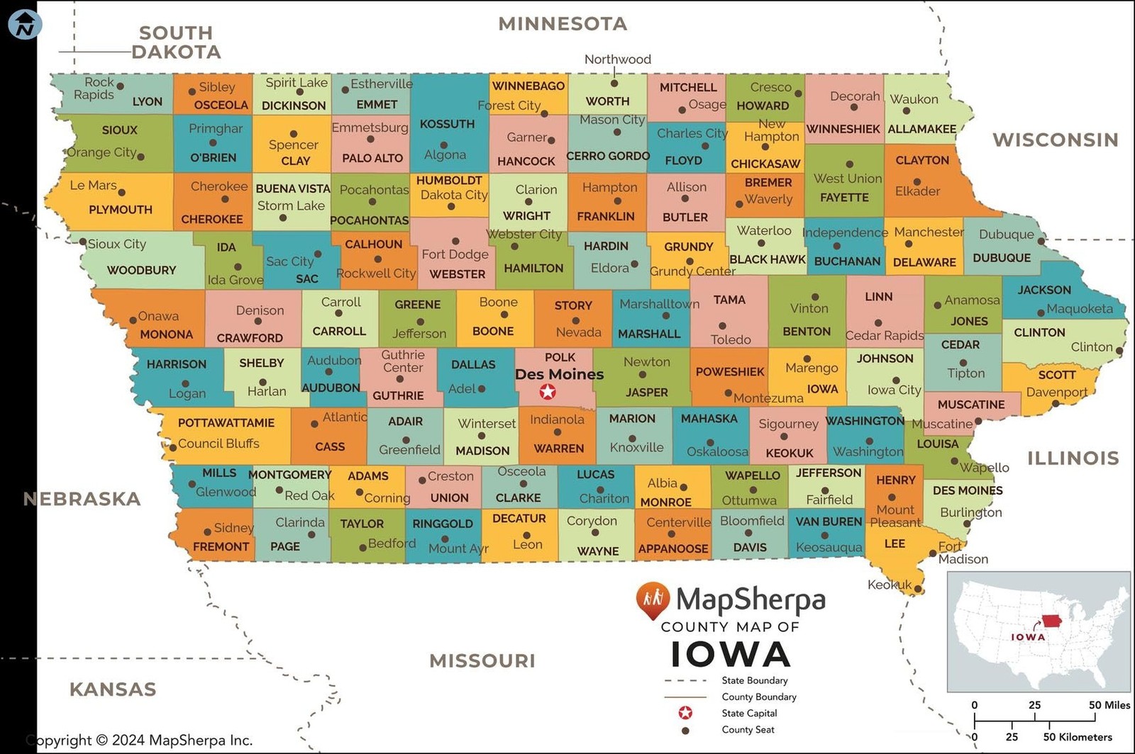 Iowa Counties Map - Large - 32 x 48 inches - Front Lamination gallery