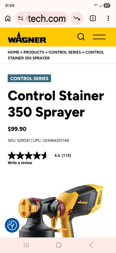 WAGNER Control Stainer 350 Handheld Sprayer, Material Flow Control, 1.5 qt Cup