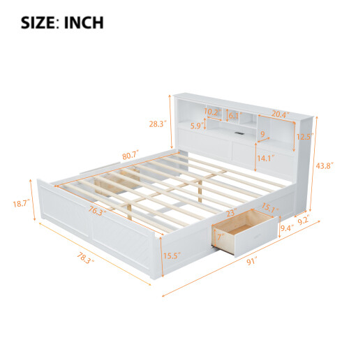 King Size Platform Bed with Storage Drawers Bookcase Headboard Wooden Bed Frames gallery