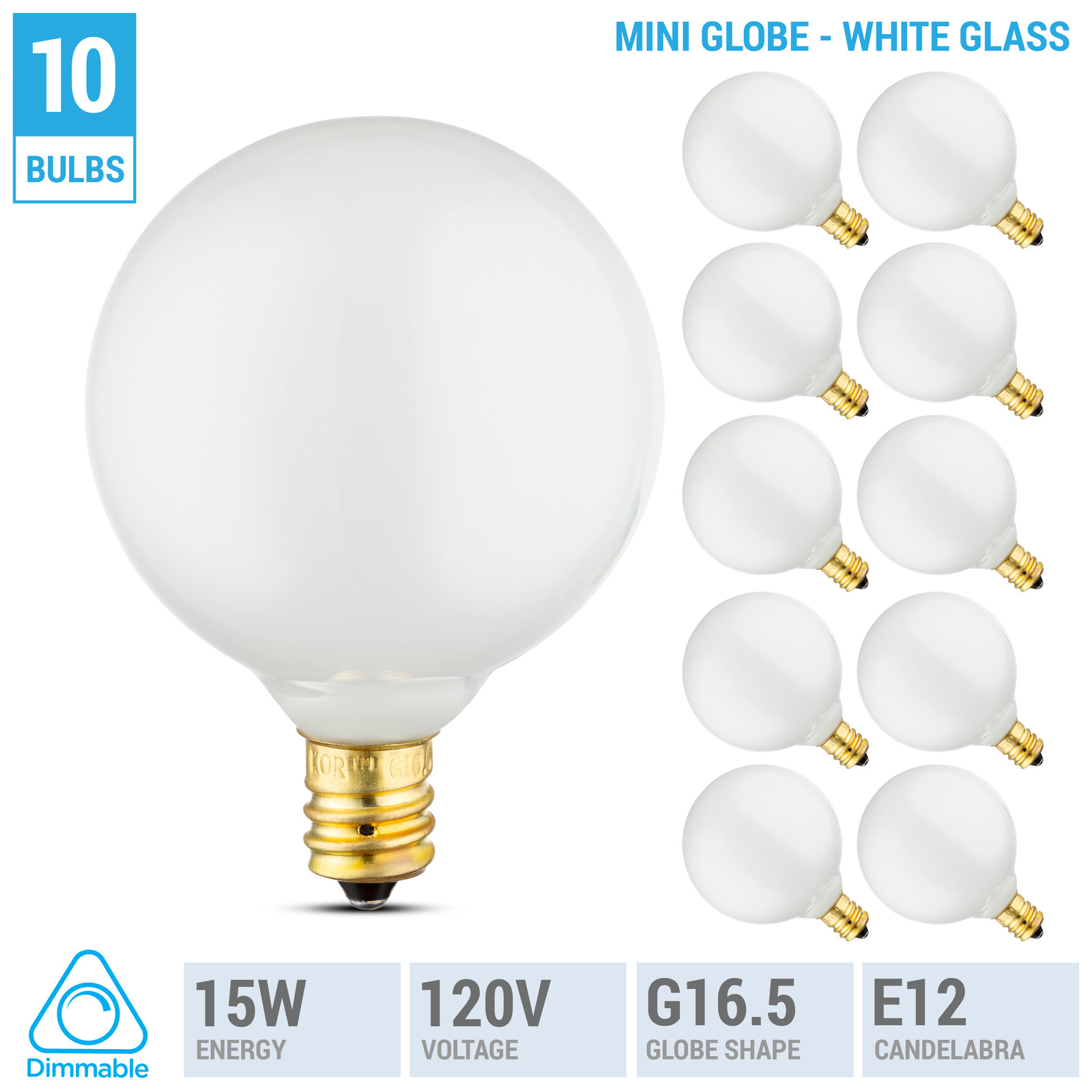 10 Pack Mini Decorative Globe Bulbs 120V 15W G16.5 Candelabra E12 Base White gallery