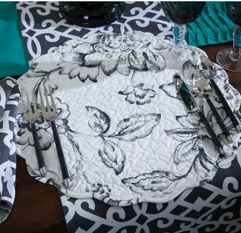 GREY Floral and Geometric Reversible Quilted Cotton Round Placemat. St/2. Read! gallery