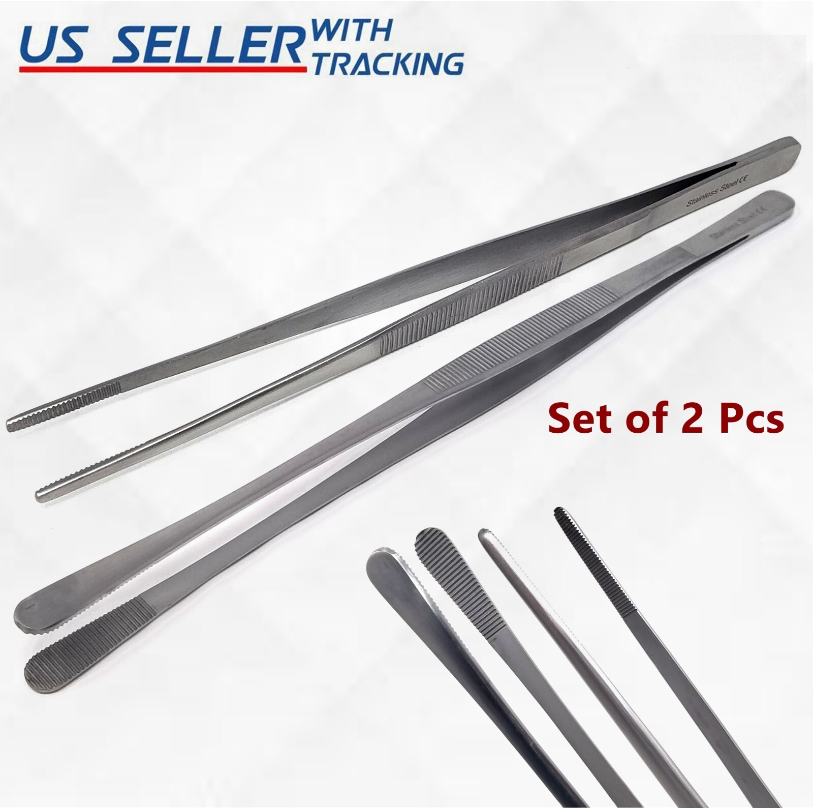 2 Pcs Kitchen Tweezer 12″ Straight & Round Tip Set Long Food Tongs Chef DIY Tool gallery