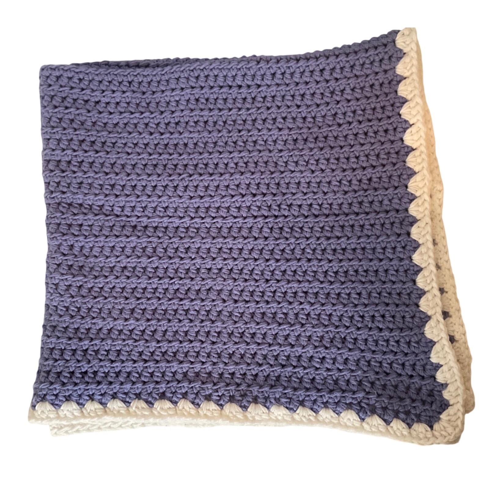 Handmade Crochet Throw Blanket Periwinkle Blue Cream Scalloped Edge 42x48 gallery