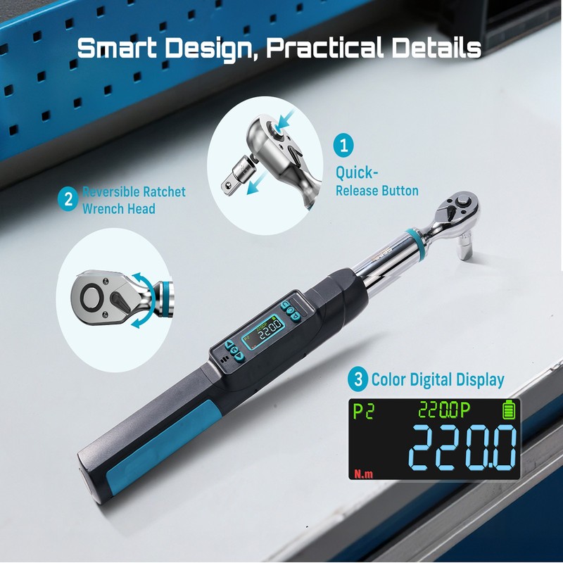 Seesii 3/8" Digital Torque Wrench 0–220 N·m/0–162 ft-lbs ±2% Accuracy Dual Alarm gallery