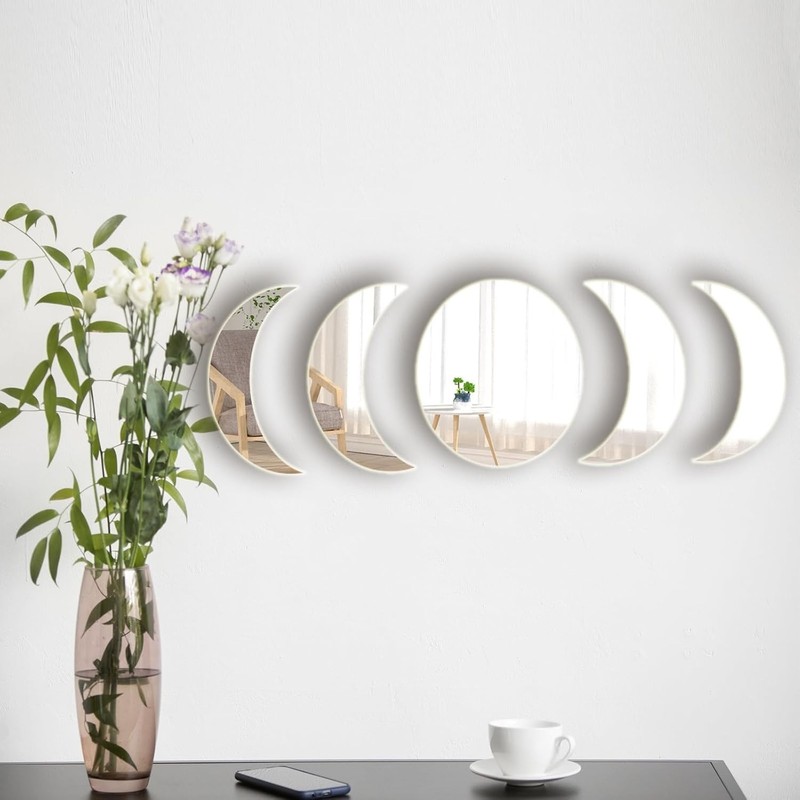 Chic 5-Piece Self-Adhesive Moon Phase Mirrors - Trendy Wall Decor for All Rooms gallery