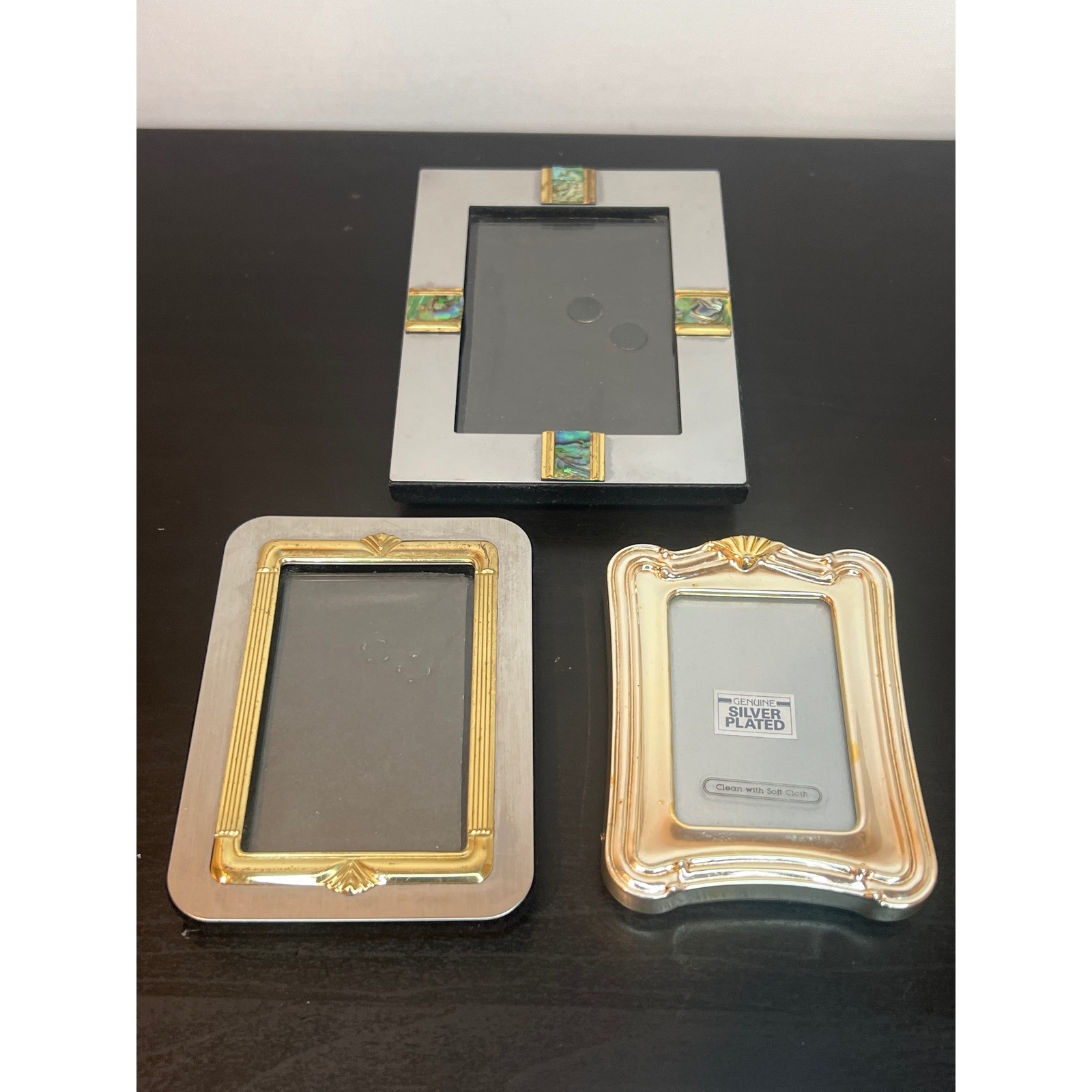 Vintage Picture Frame Set Silver Gold Tone Abalone Shell Art Deco Miniature 3pc gallery