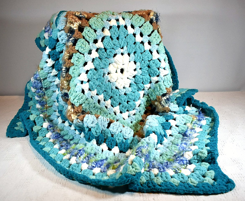Handcrafted, Crocheted Square Afghan, Chunky Blue Brown, White & Teal- 44" x 42" gallery