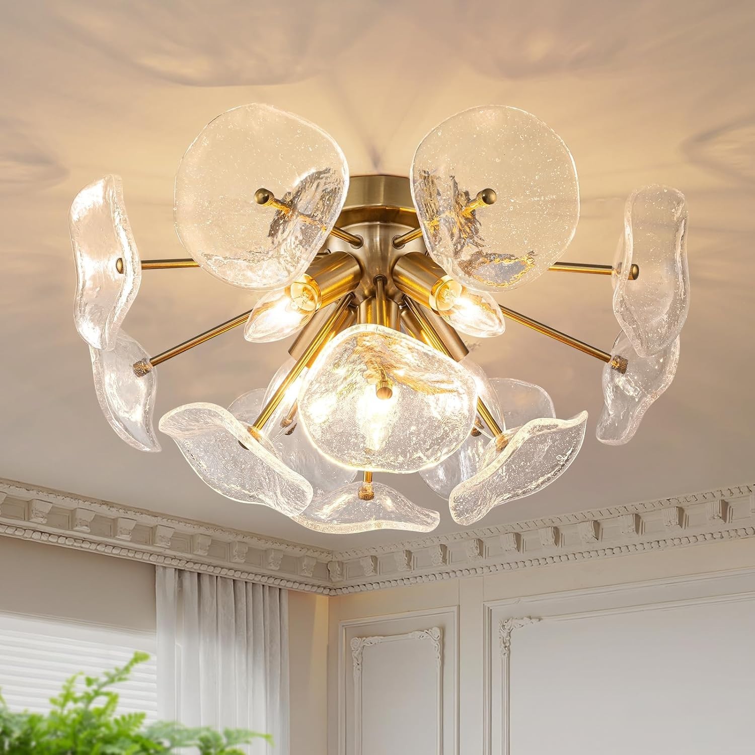GoYeel Gold Semi Flush Mount Ceiling Light 5-Light Glass Lotus Chandelier OB gallery