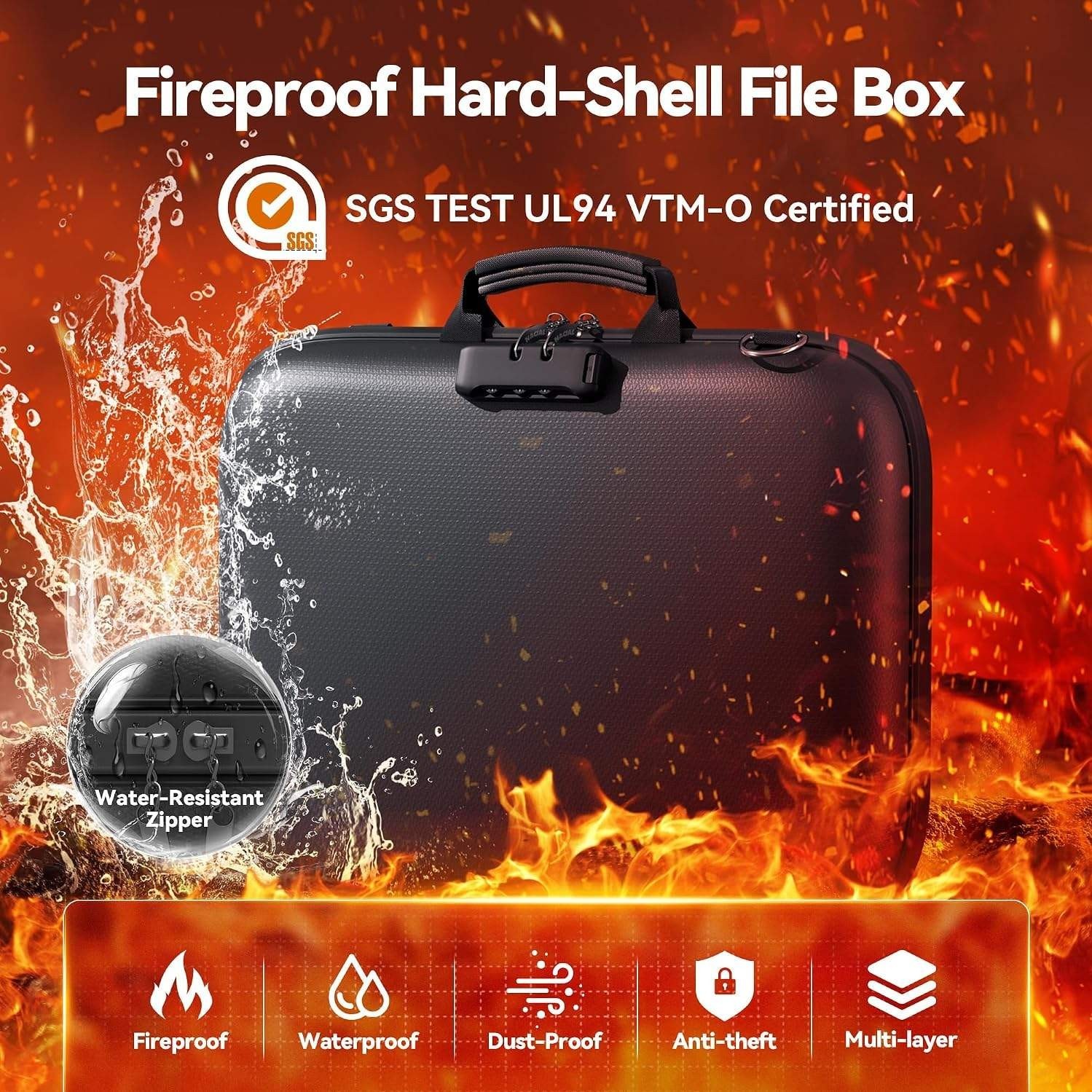 Fireproof Document Box with Lock & Shoulder Strap, Hard-Shell Fireproof File gallery