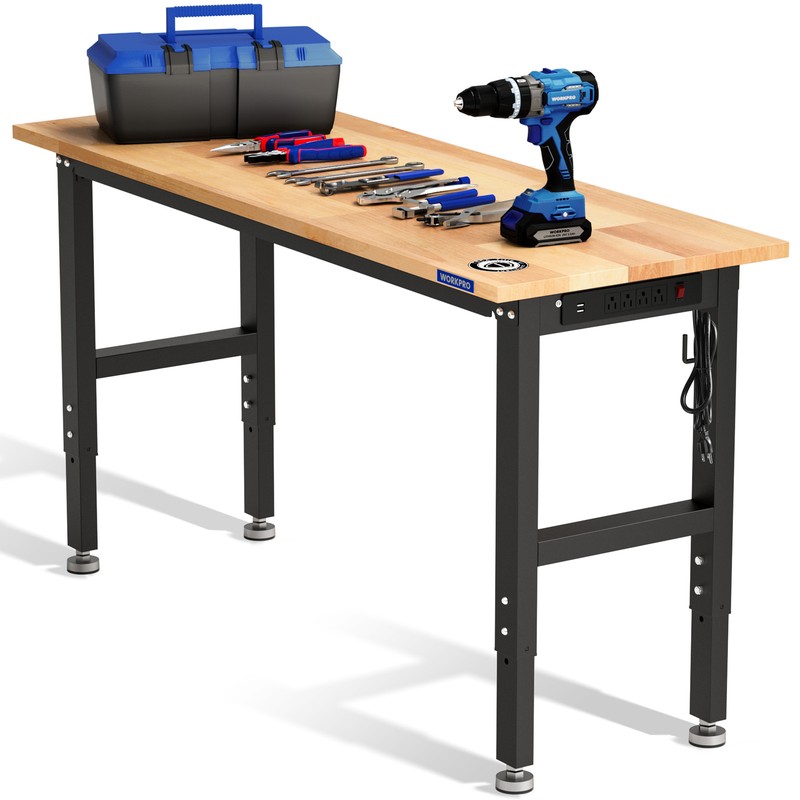WORKPRO Adjustable Garage Workbench60x24Rubber Wood Top Heavy-Duty Power Outlets gallery