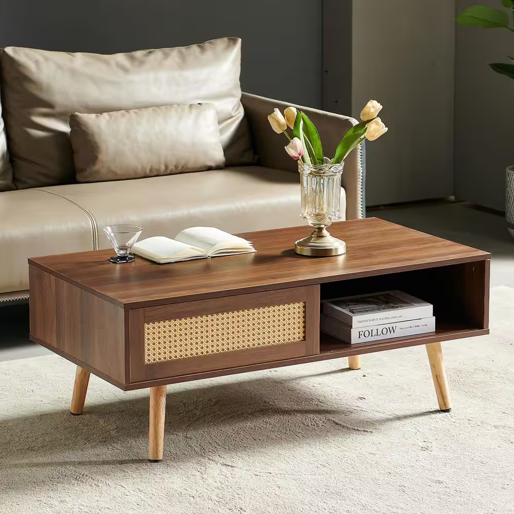 41In. Walnut Rectangle MDF Coffee Table with Rattan Door Storage and Solid Wood