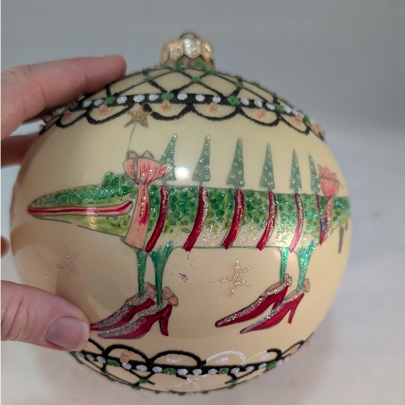 CHRISTMAS KRINKLES ALLIGATOR JUMBO GLASS BALL ORNAMENT Whimsical Cream Green Red gallery