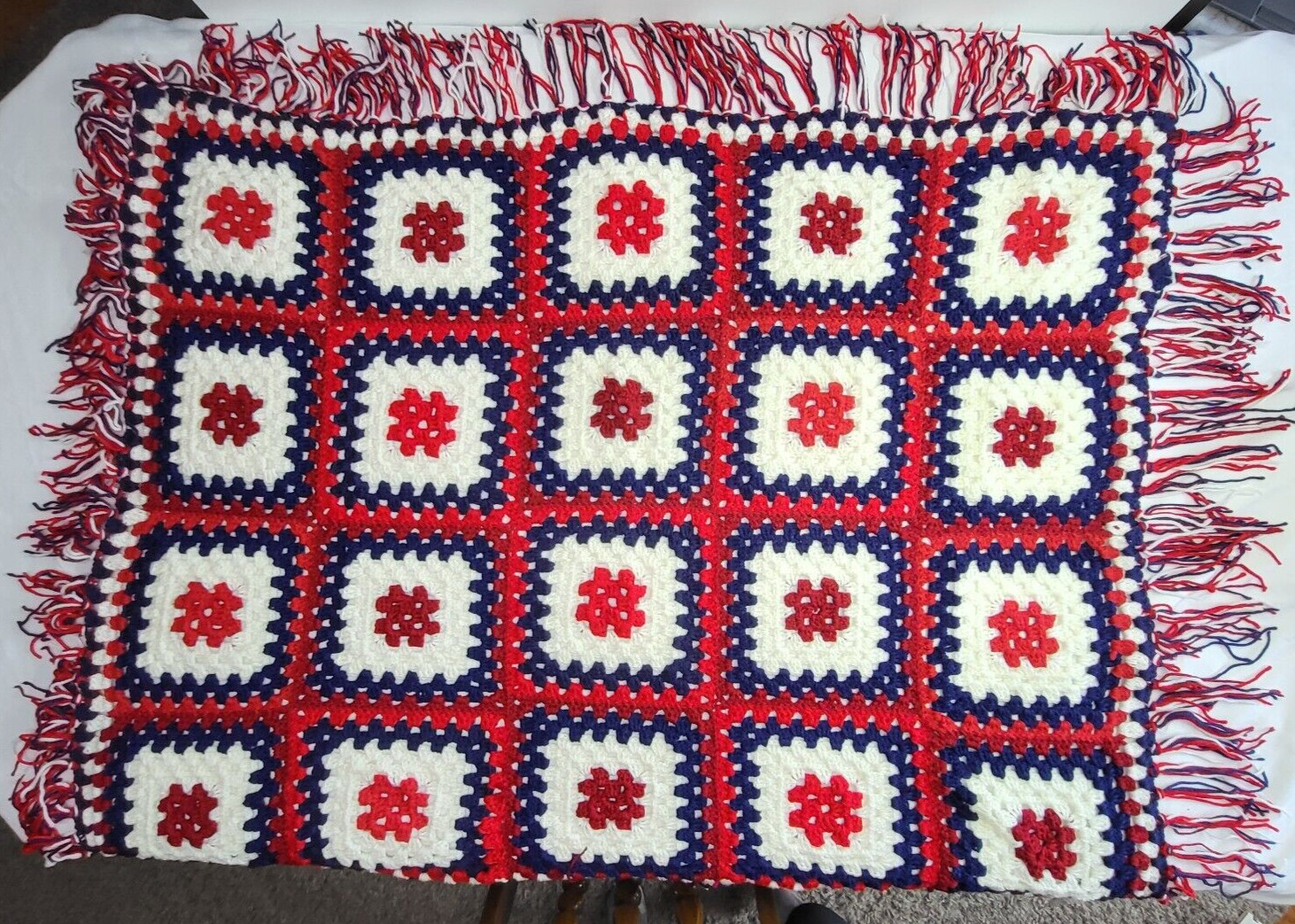 Granny Square Red White & Blue Patriotic Hand Crochet 47x39 Afghan Blanket Vtg gallery