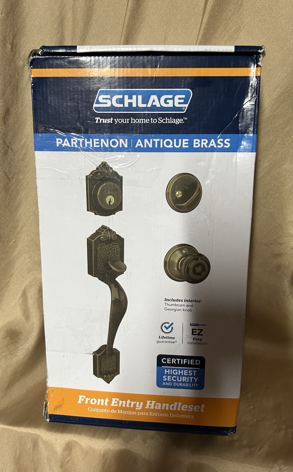 Schlage Parthenon Front Door Entry Handleset ANTIQUE BRASS gallery