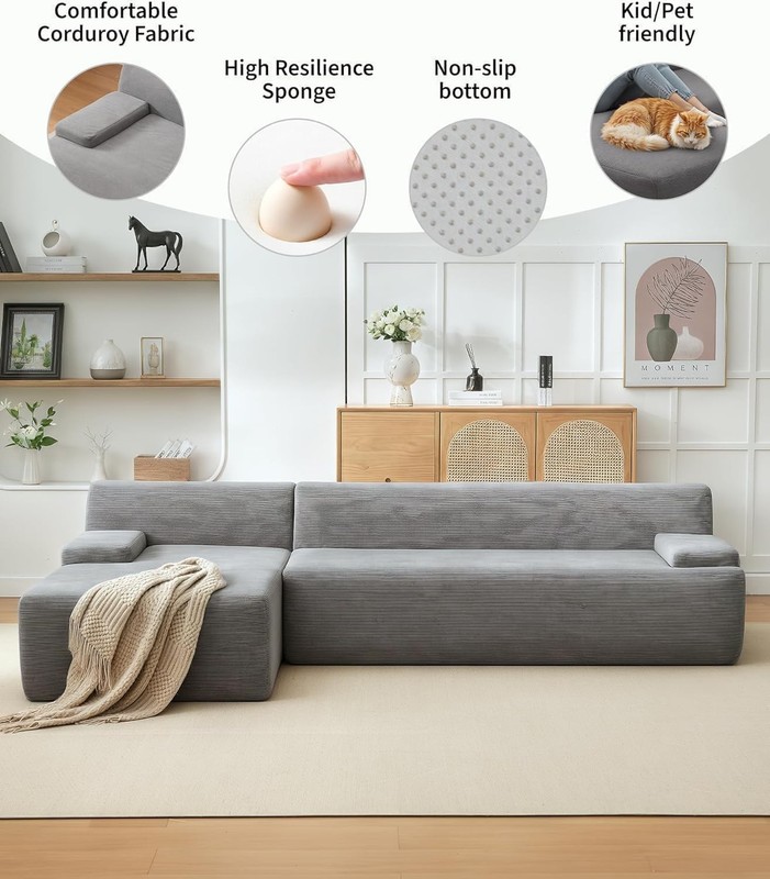 108" Modular Cloud Couch Sectional with Left Chaise, L-Shaped Boneless Sofa gallery