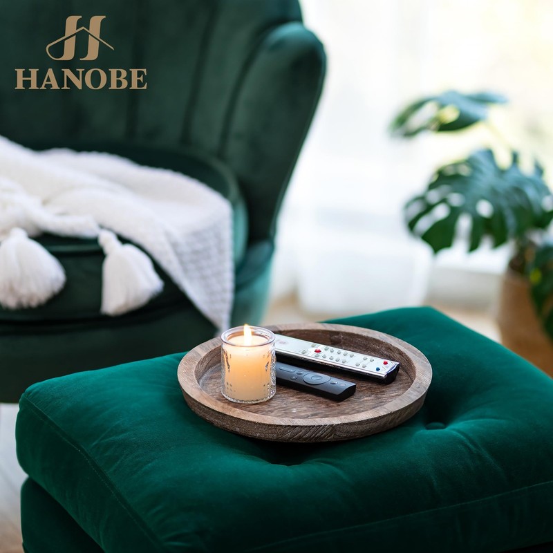 Hanobe Rustic Wooden Serving Tray-Round Wood Butler Decorative Tray Vintage gallery