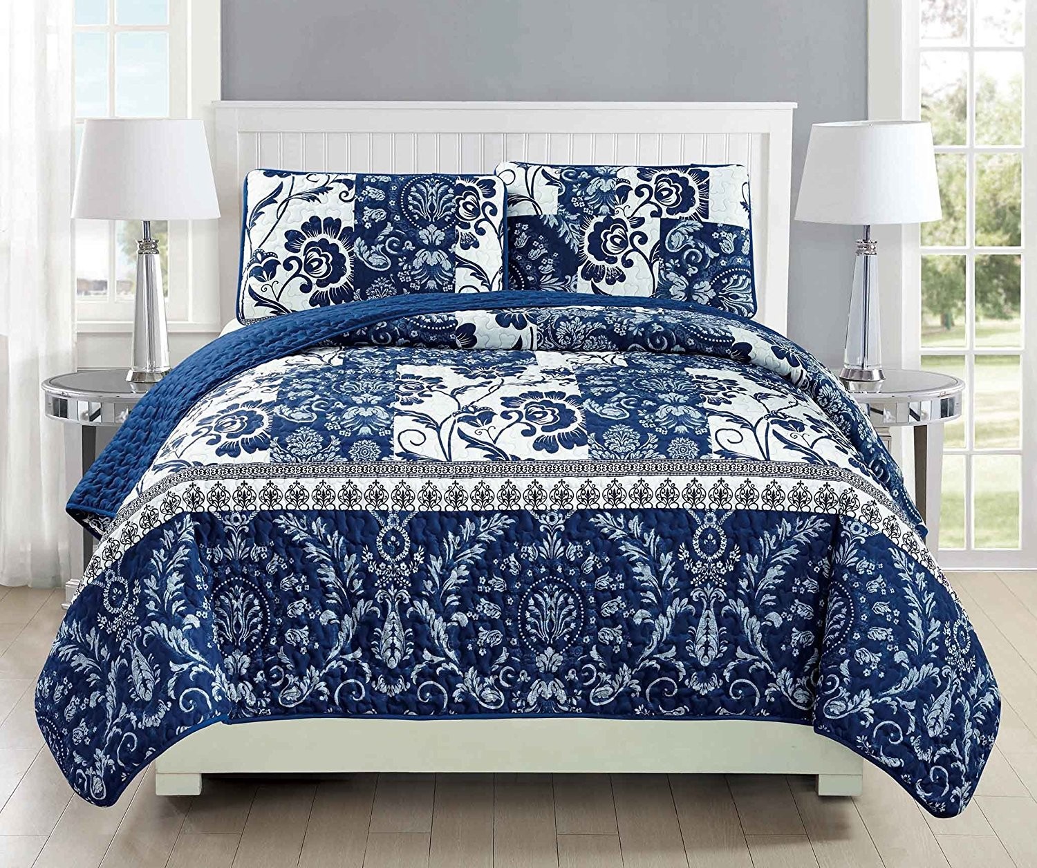 Fancy Collection 2pc Twin/Twin Extra Long, Floral Navy Blue White gallery