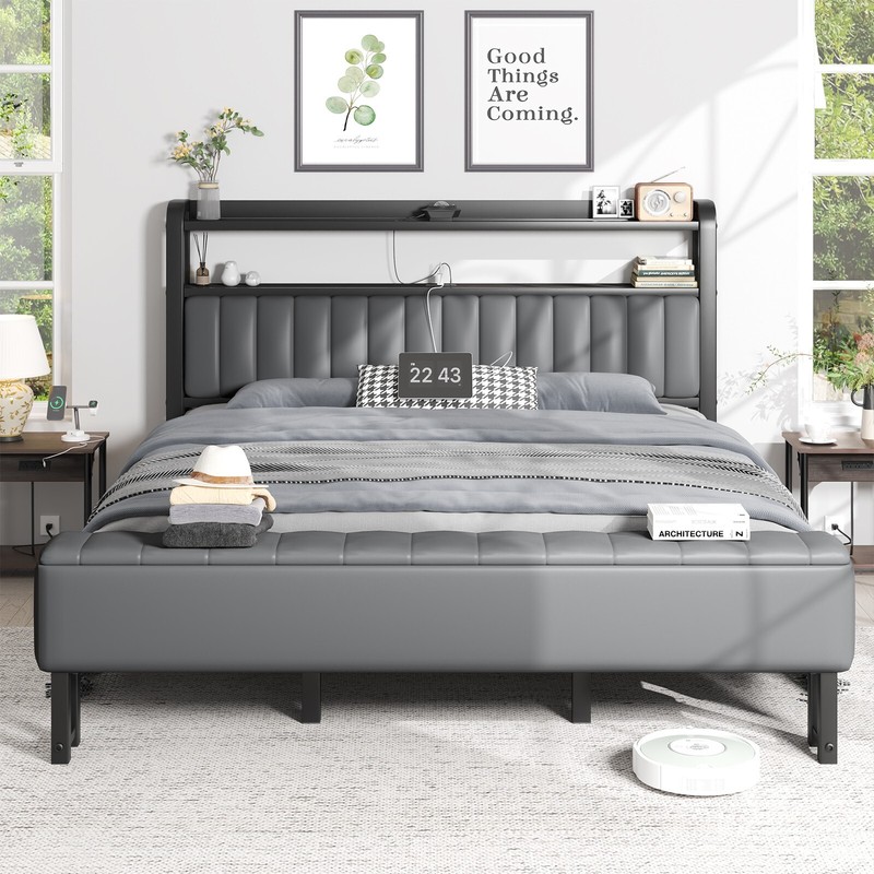 Queen/Full/KingUpholstered Bed Frame with Starry Sky Light and Charging Station gallery