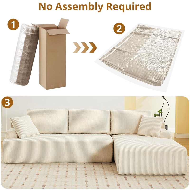 L Shaped Corduroy Sofa Cloud Couch Compression Boneless Sofas w/Deep Seat Beige gallery