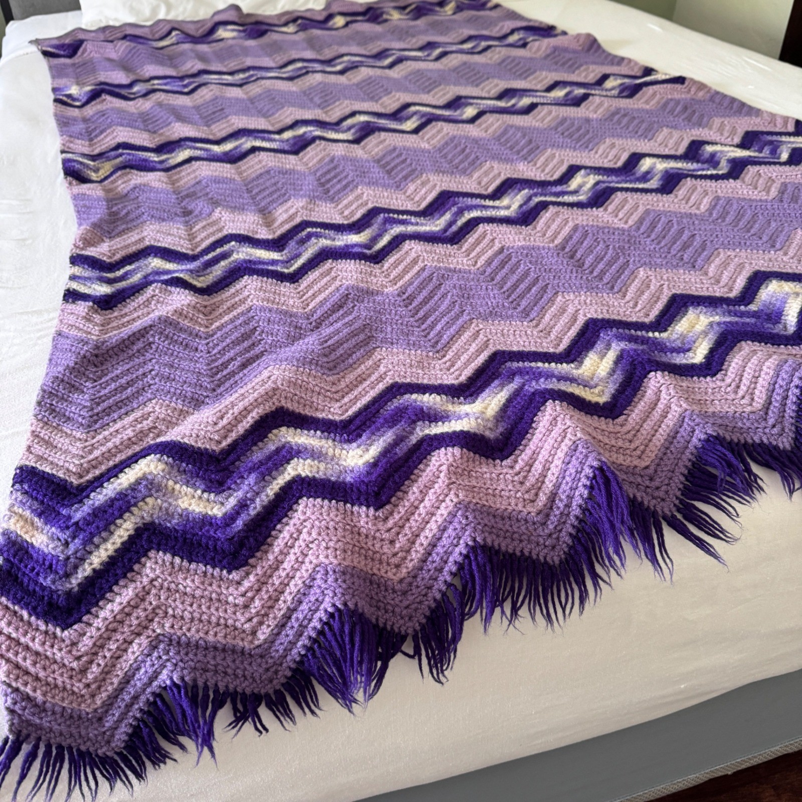 Vintage Handmade Crochet Purple Chevron Ripple Afghan Throw Blanket with Fringe gallery