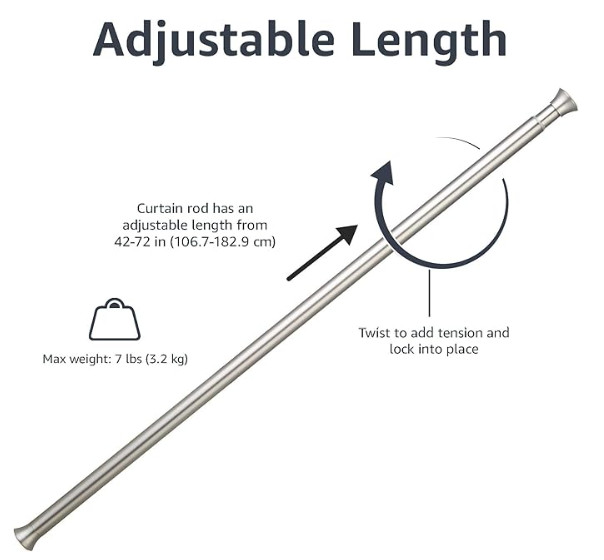 Brushed Nickle Easy install shower curtain tension rod, adjustable length, 42-73 gallery