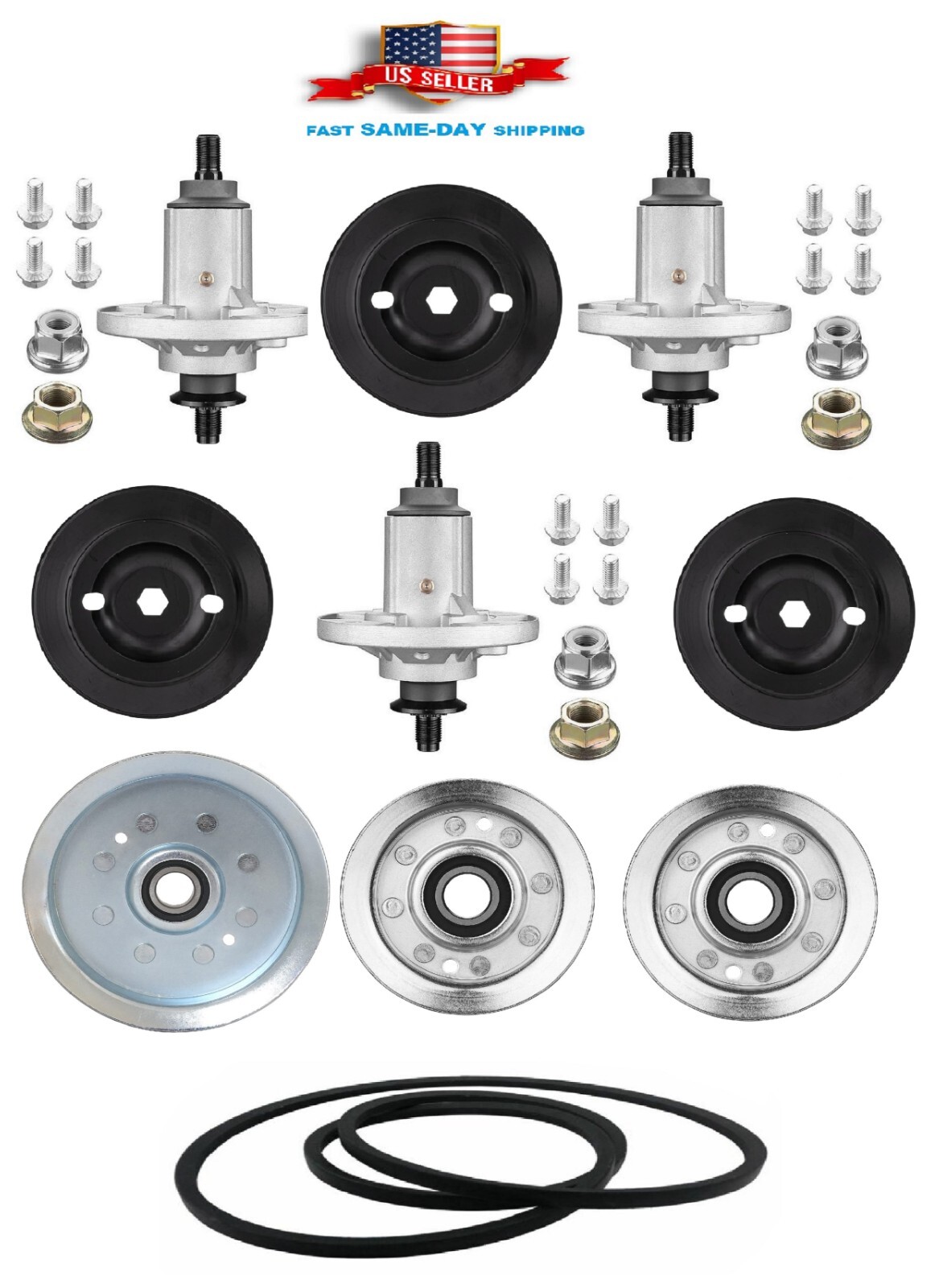Complete 48" Spindle Pulley Belt Kit For John Deere E140 E150 E160 E170 48" Deck gallery