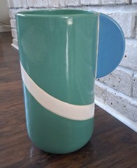 Large Postmodern Studio Pottery Vase Teal Blue White Memphis Style 12″ Signed JJ