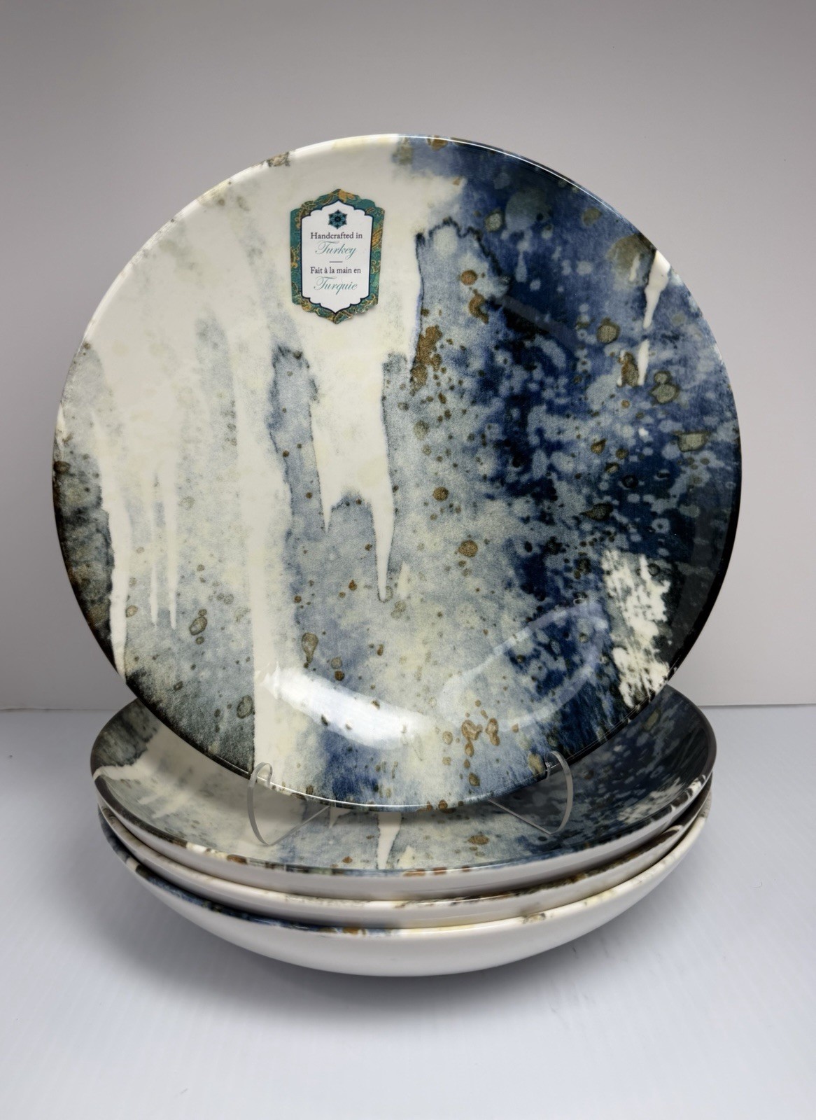 🔥 4 Intesa Home 9¼" Pasta Soup Dinner Bowls Grey Blue Gold Marble Pristine gallery