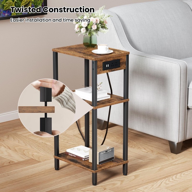 Side Table with Charging Station Narrow End Table Storage Bedside Nightstand gallery