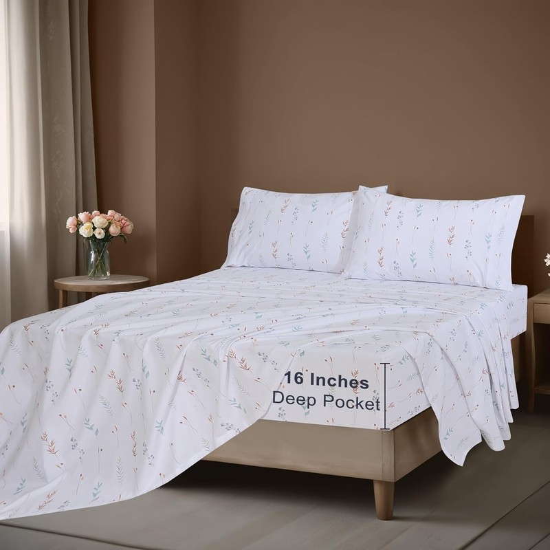 Queen Size 100% Cotton Percale Sheets Set - Cooling, Breathable Floral Design gallery