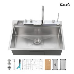 Cozy 33×22″ Multifunctional Overmount Sink Faucet Combo Brush Nickel NEW MODEL