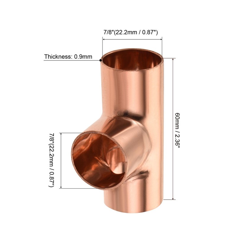 Tee Copper Fitting 3 Way Welding Joint 7/8 Inch ID, Pack of 2 gallery