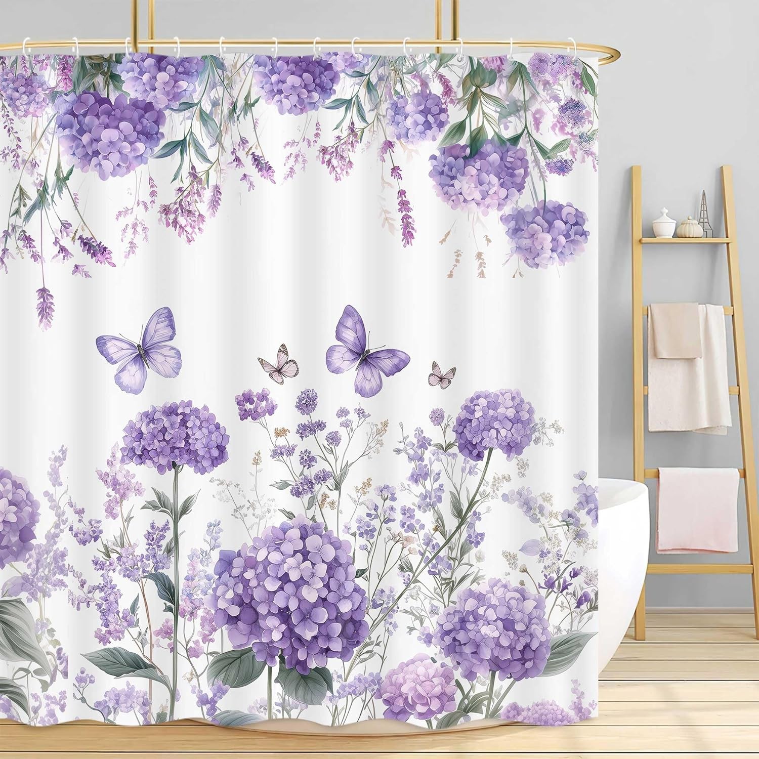 Summer Spring Hydrangea Floral Shower Curtain, Purple Colourful Floral Butterfly gallery