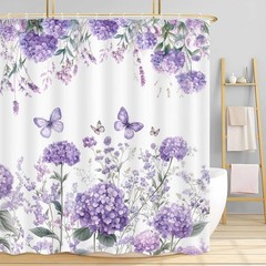 Summer Spring Hydrangea Floral Shower Curtain, Purple Colourful Floral Butterfly