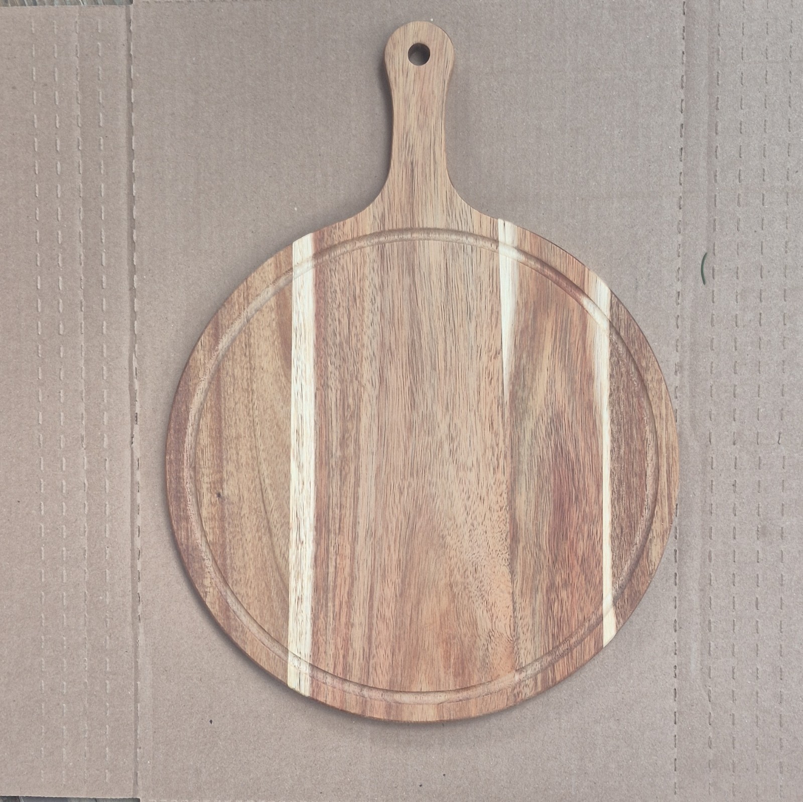 Wood Serving Board w/ Handle, Medium Round 12 in, Brown/Beige Stripe gallery