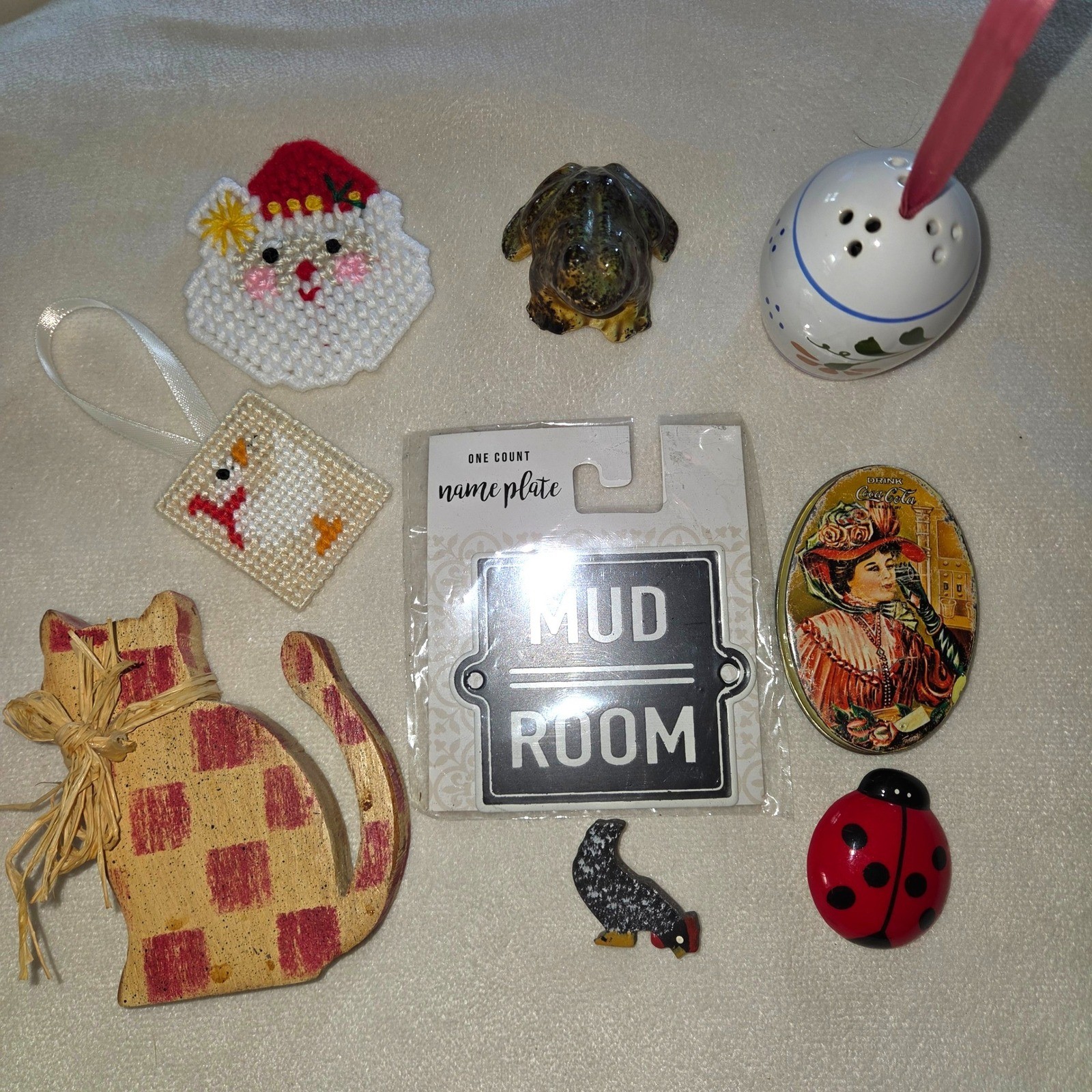 Eclectic Home Decor Lot Coca-Cola Tin Wooden Cat Mud Room Sign Frog Ladybug Hen gallery